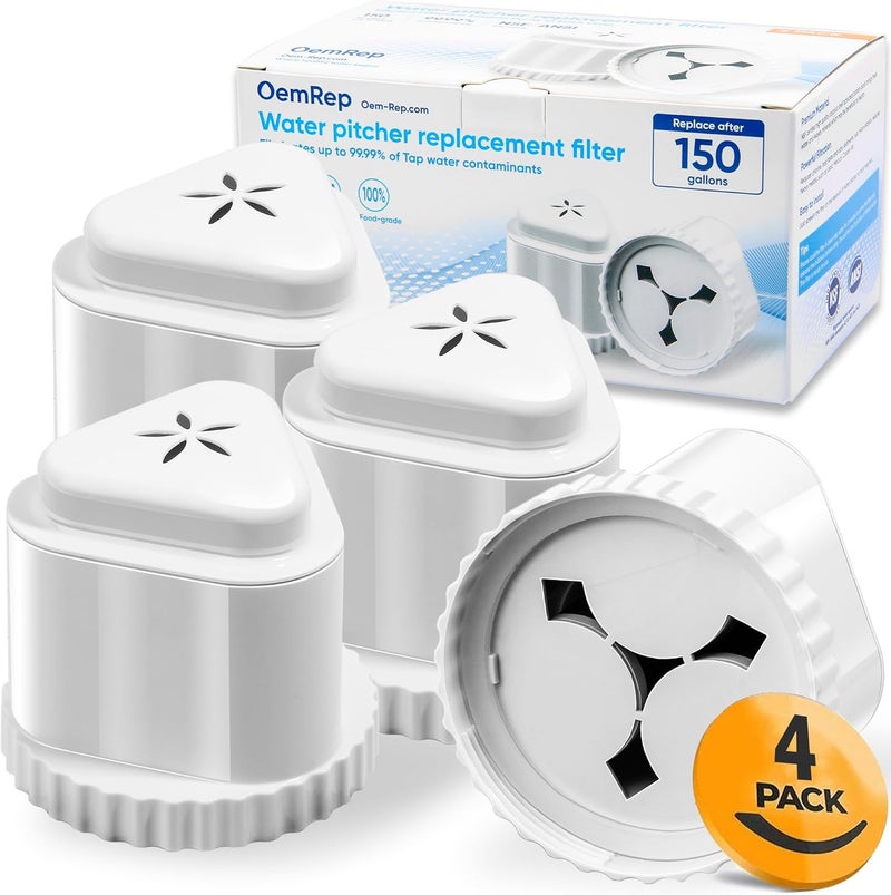 OemRep 4Pack Replacement Filter for EPIC Water Filter Pitcher, Water Filter Pitcher Compatible with Aquagear Seychelle, BPA Free. Removes Fluoride, Chlorine, Lead, Odors - Image 1